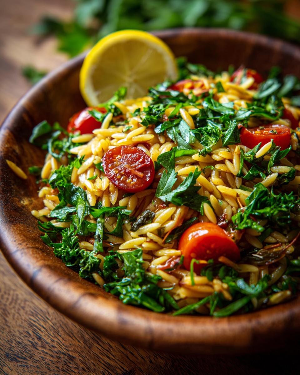 A close-up of a wooden bowl filled with lemony orzo salad, featuring cherry tomatoes, fresh herbs, and a lemon slice.