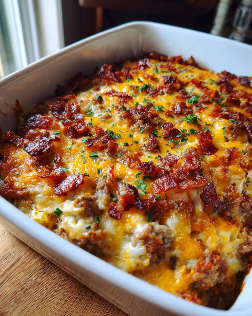 A close-up of a bubbling Low-Carb Bacon Cheeseburger Casserole topped with melted cheese and crispy bacon.