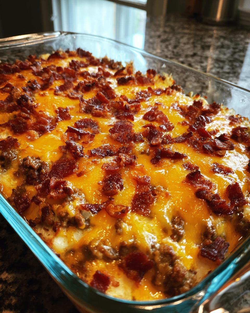 A close-up of a freshly baked Low-Carb Bacon Cheeseburger Casserole in a glass dish, topped with melted cheddar cheese and crispy bacon.