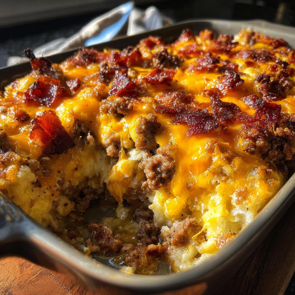 A close-up view of a bubbling Low-Carb Bacon Cheeseburger Casserole, topped with melted cheddar cheese and crispy bacon.