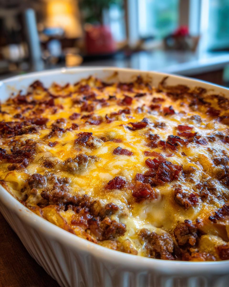 Close-up of a freshly baked Low-Carb Bacon Cheeseburger Casserole in a white baking dish, topped with melted cheese and bacon bits.