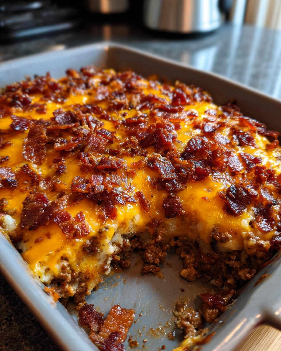 A close-up of a Low-Carb Bacon Cheeseburger Casserole in a grey baking dish, topped with melted cheddar cheese and crispy bacon bits.