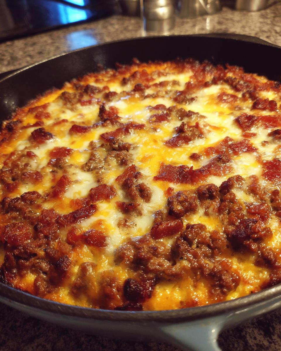 Close-up of a bubbling Low-Carb Bacon Cheeseburger Casserole in a cast iron skillet, topped with melted cheese and bacon.