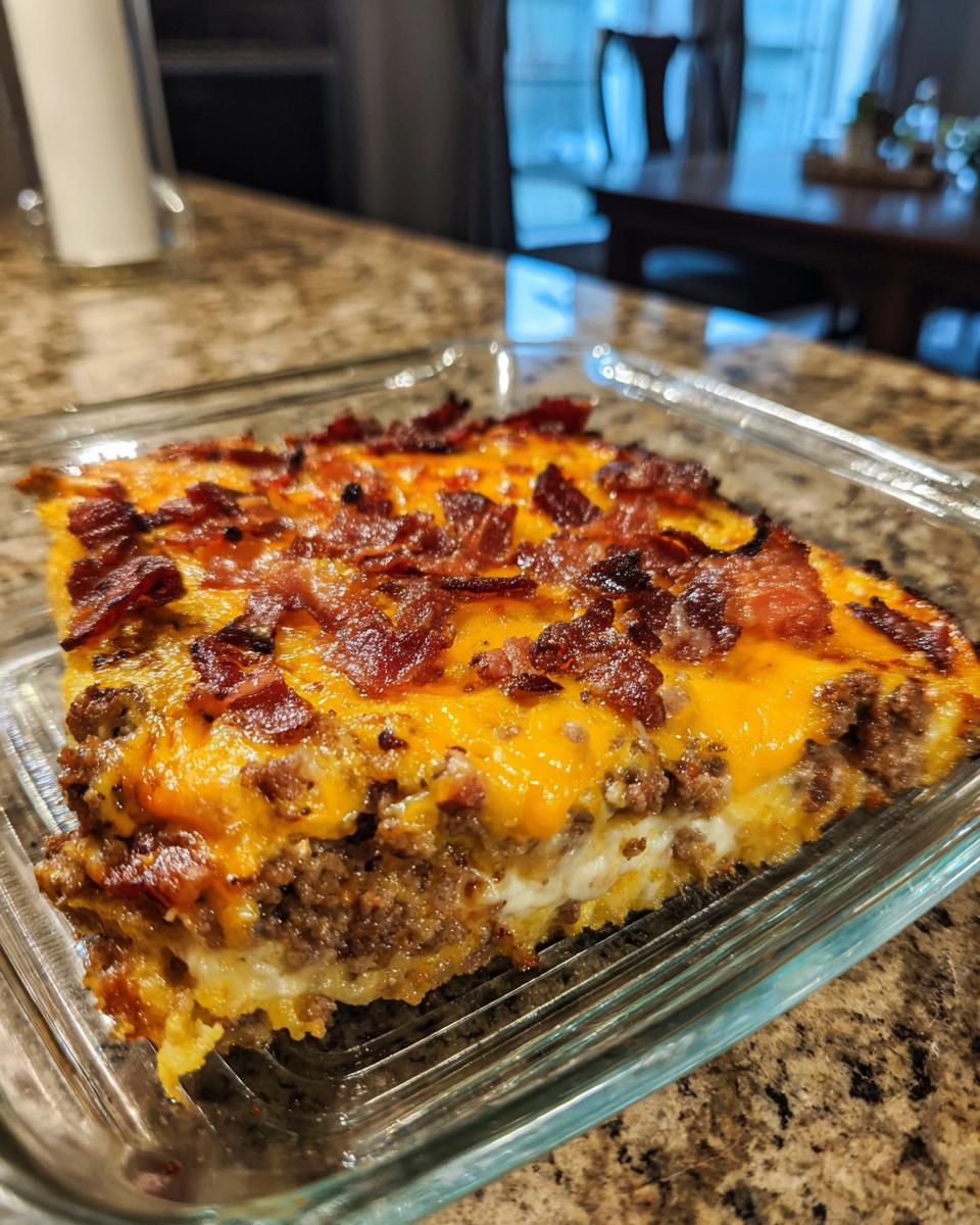 A delicious slice of Low-Carb Bacon Cheeseburger Casserole, topped with melted cheese and crispy bacon.