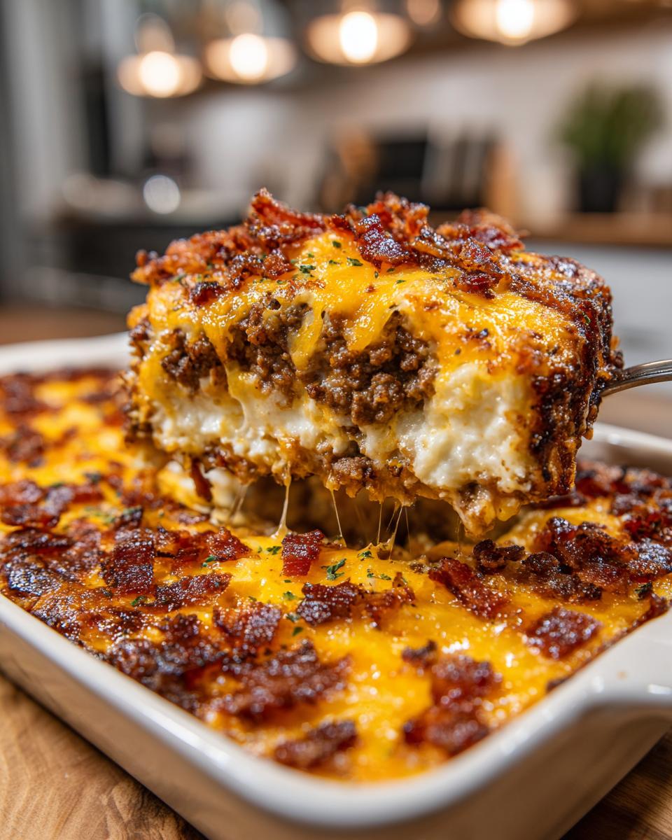 A slice of Low-Carb Bacon Cheeseburger Casserole being lifted from the dish, showing layers of ground beef, cheese, and bacon.