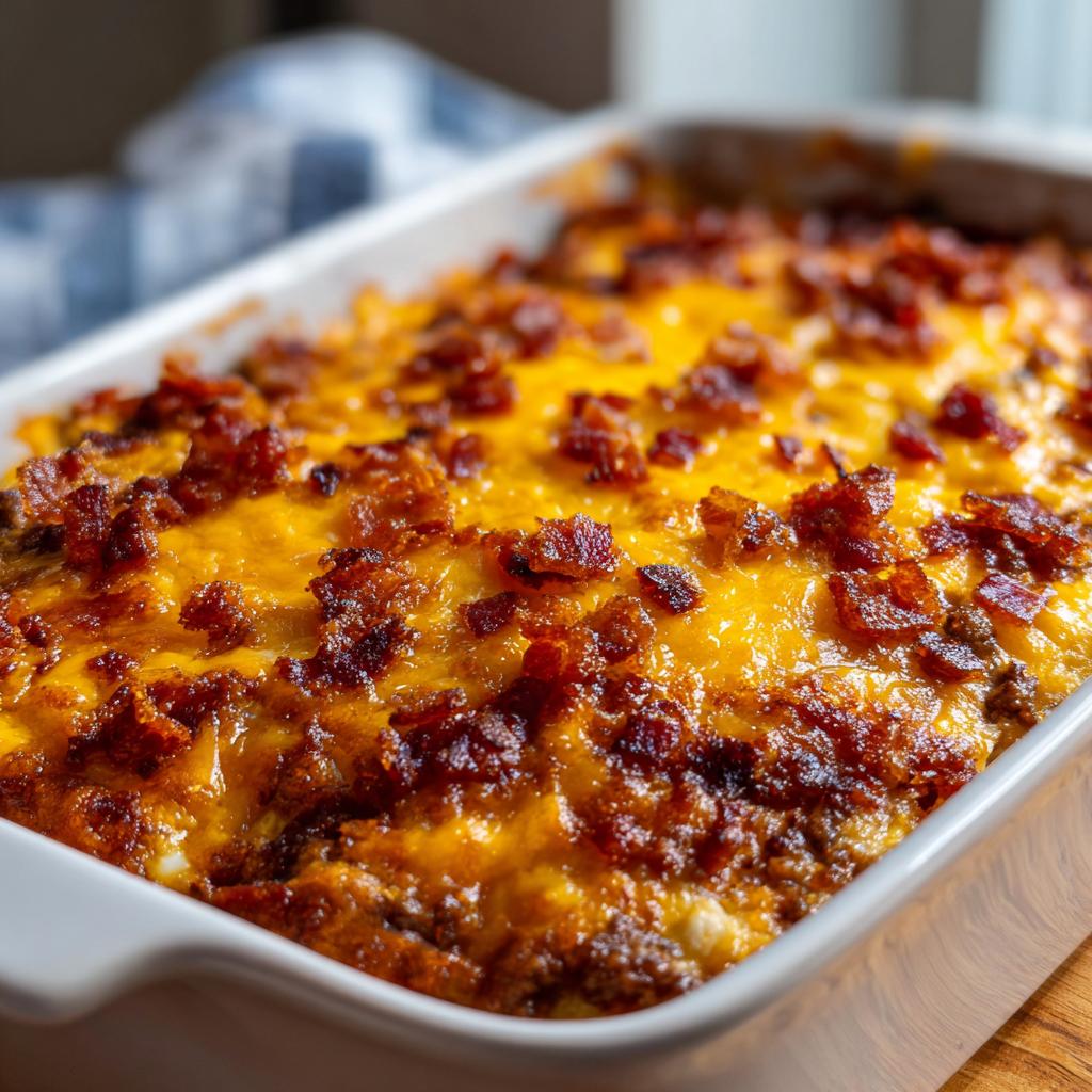A close-up shot of a freshly baked Low-Carb Bacon Cheeseburger Casserole, topped with melted cheese and crispy bacon bits.