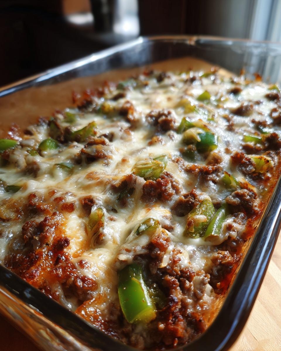 Close-up of a bubbly Low Carb Philly Cheesesteak Casserole with melted cheese, ground beef, and green peppers in a glass baking dish.