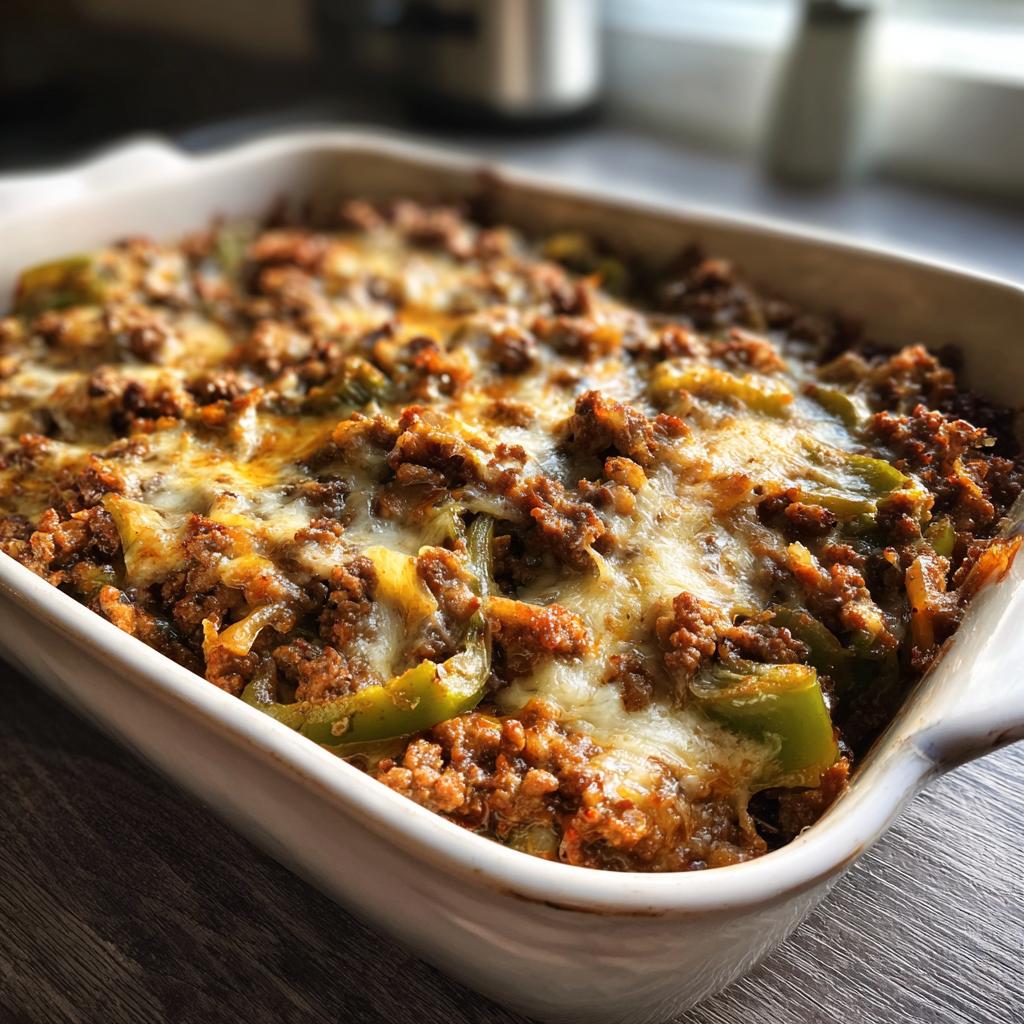 A close-up of a baked Low Carb Philly Cheesesteak Casserole in a white baking dish, topped with melted cheese and filled with ground beef and green peppers.