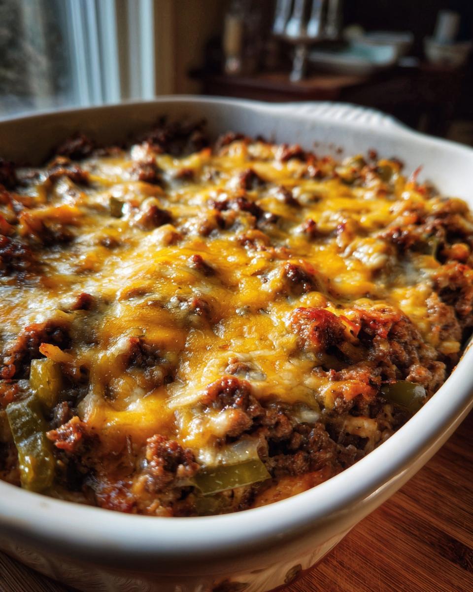 A close-up shot of a baked Low Carb Philly Cheesesteak Casserole topped with melted golden cheese.