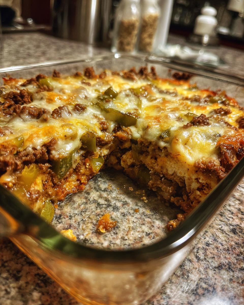 A close-up of a Low Carb Philly Cheesesteak Casserole in a glass baking dish, topped with melted cheese, ground beef, and green peppers.