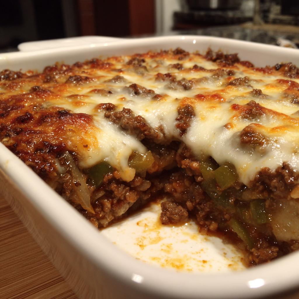 A close-up shot of a freshly baked Low Carb Philly Cheesesteak Casserole, with melted cheese oozing over the top.