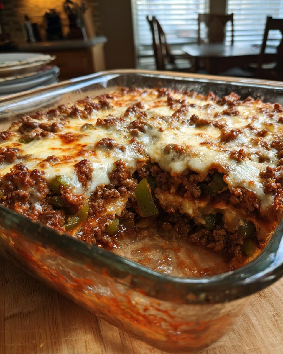 A close-up of a Low Carb Philly Cheesesteak Casserole in a glass baking dish, topped with melted cheese and ground beef mixture.