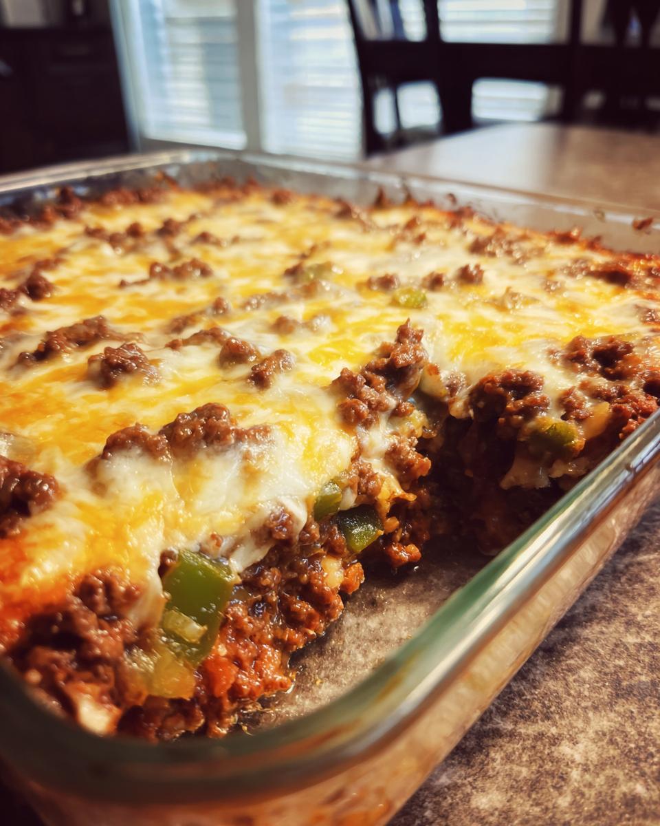 A close-up of a Low Carb Philly Cheesesteak Casserole in a glass baking dish, topped with melted cheese and ground beef.