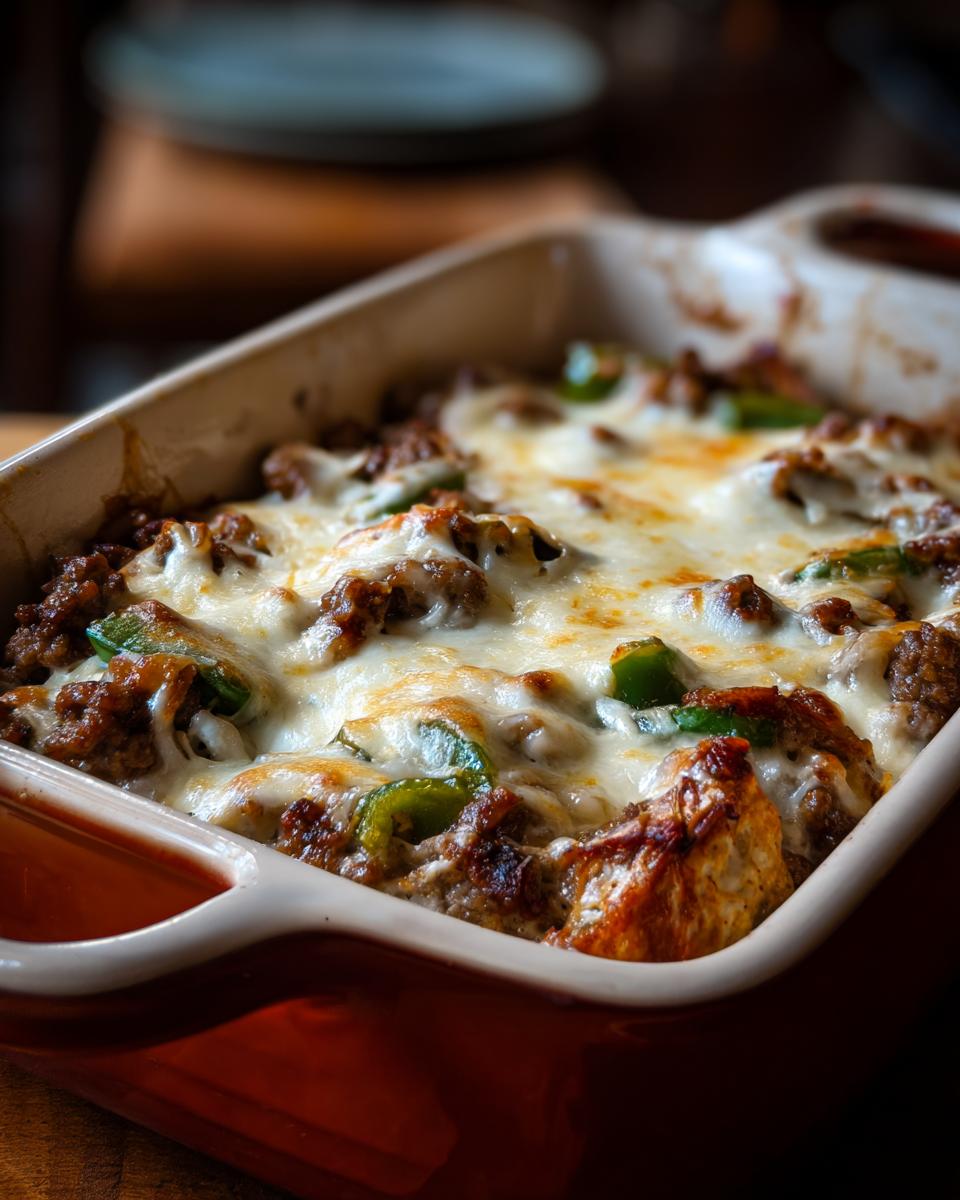 A close-up of a baked Low Carb Philly Cheesesteak Casserole in a baking dish, topped with melted cheese and green peppers.