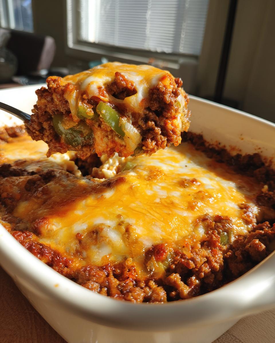 A scoop of Low Carb Philly Cheesesteak Casserole with melted cheese, ground beef, and green peppers.
