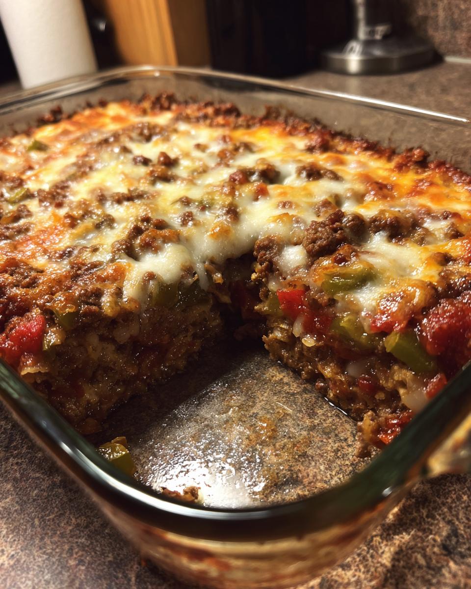 A slice removed from a Low Carb Philly Cheesesteak Casserole, showing layers of ground beef, peppers, and melted cheese.