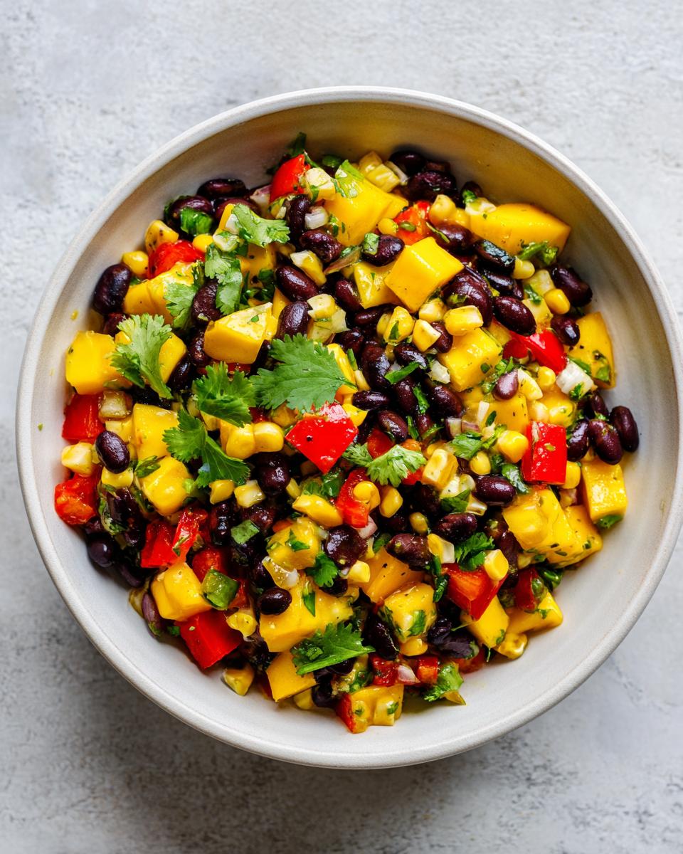 A vibrant bowl of Summer Salad Recipes with Mango Black Bean Picnic Salad, featuring diced mango, black beans, corn, red bell peppers, and cilantro.