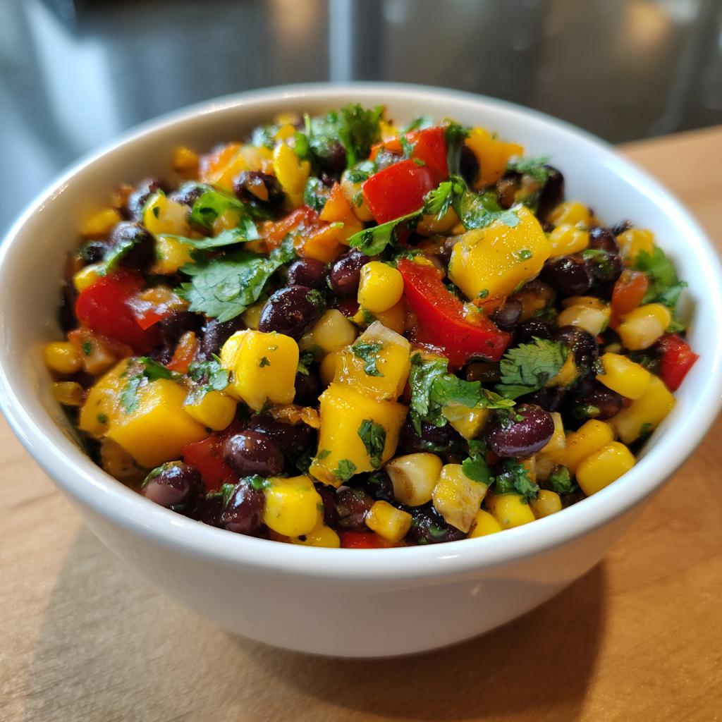 A refreshing bowl of Summer Salad with Mango, Black Beans, corn, and red peppers, topped with fresh cilantro.