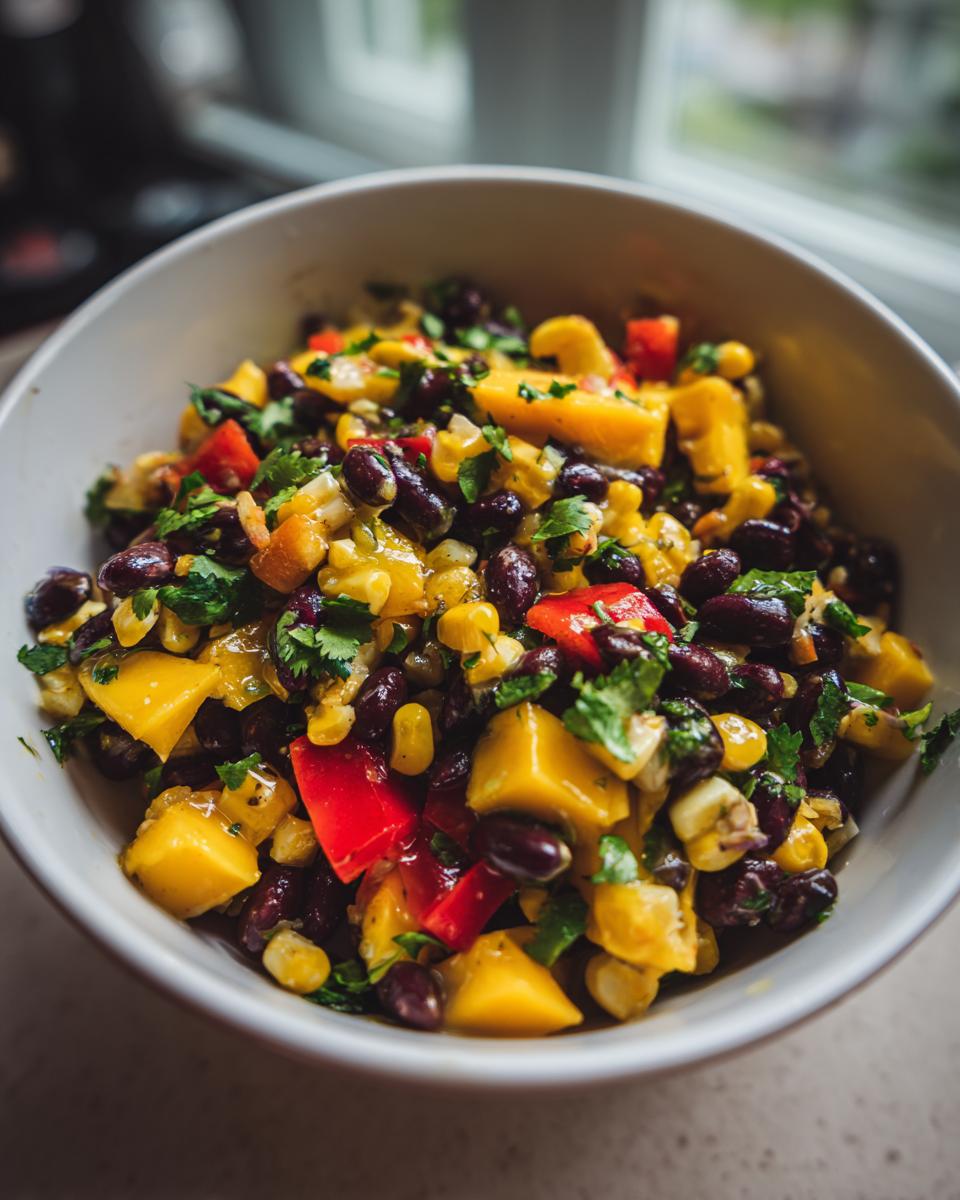 Close-up of a vibrant Mango Black Bean Salad with corn, red bell peppers, and cilantro in a white bowl.