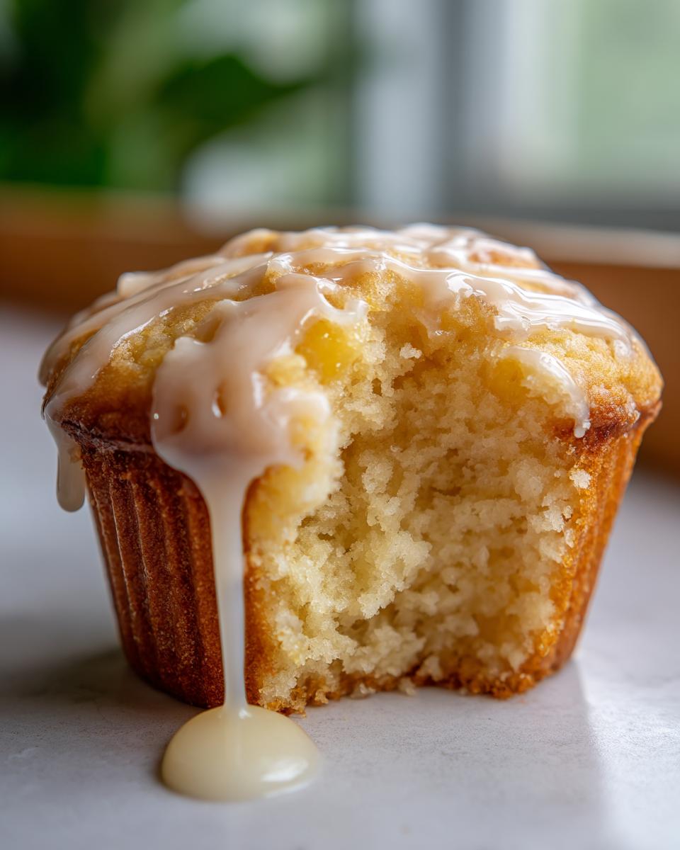 A close-up of a moist peach muffin topped with a vanilla glaze, with a bite taken out.