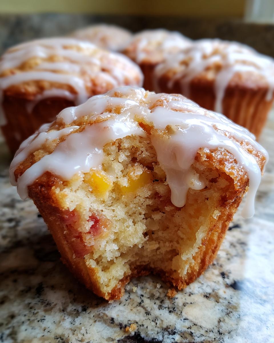 Close-up of a moist peach muffin with vanilla glaze, showing chunks of peach inside.