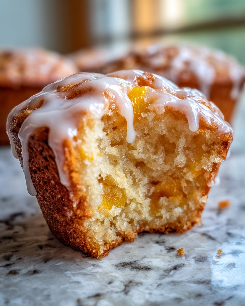 Close-up of a moist peach muffin with vanilla glaze, showing chunks of peach inside.