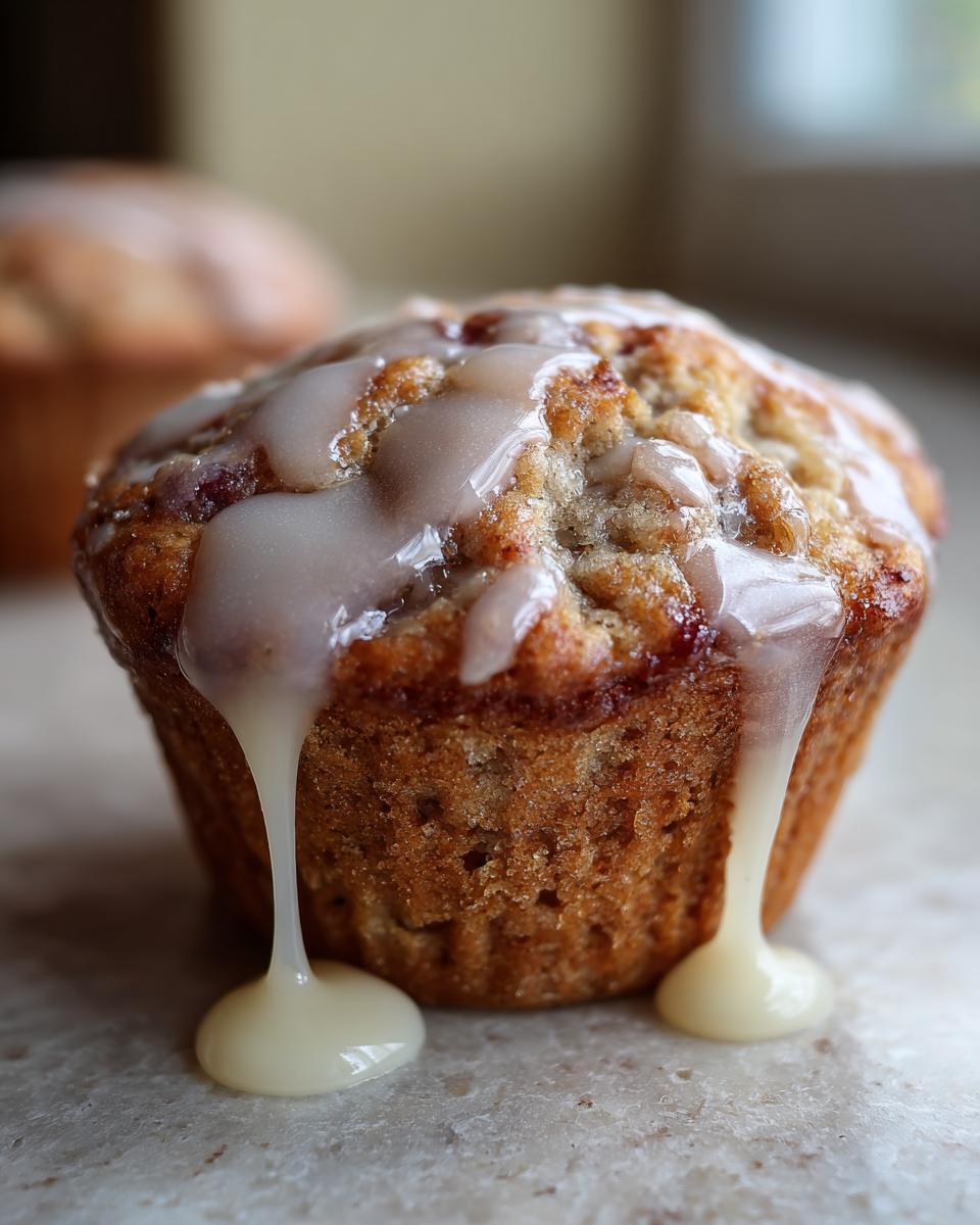 Close-up of a moist peach muffin topped with a vanilla glaze that is dripping down the sides.