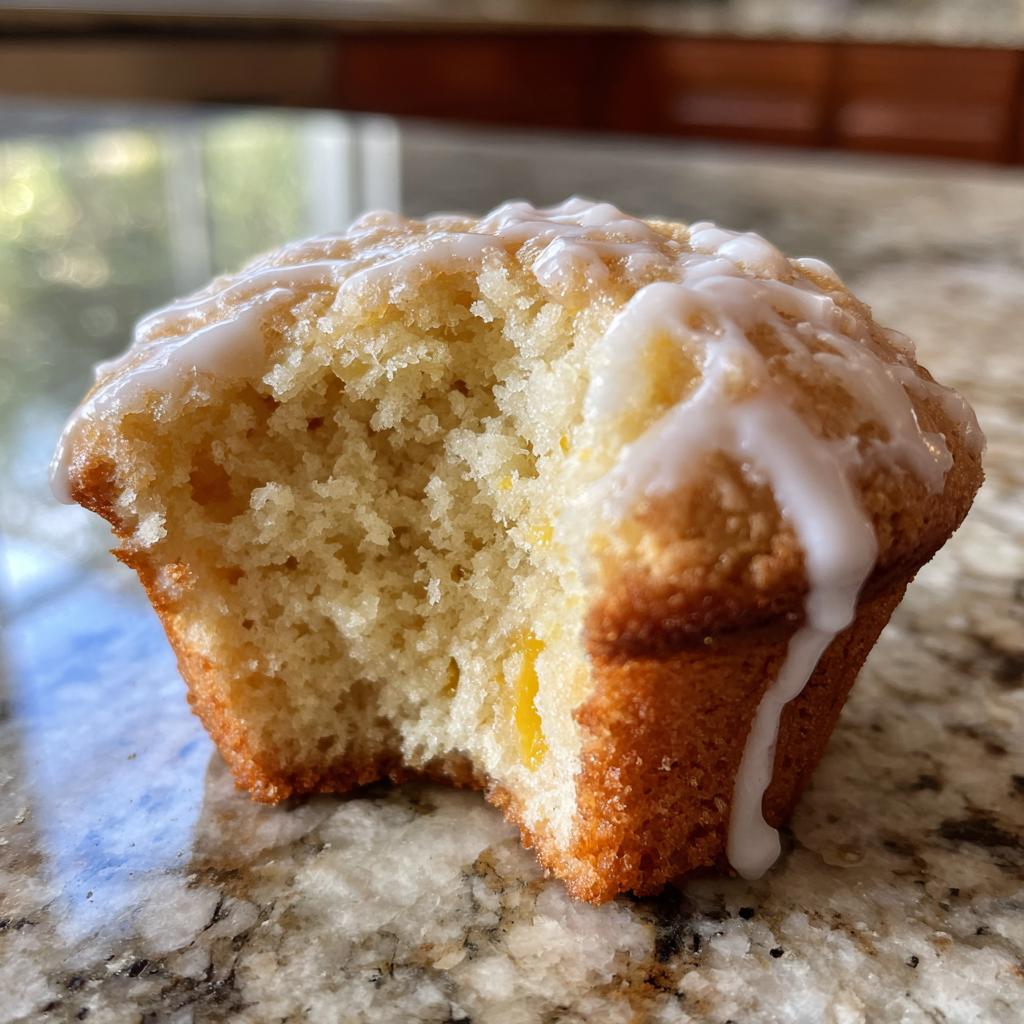 A close-up of a moist peach muffin with a bite taken out, drizzled with vanilla glaze.