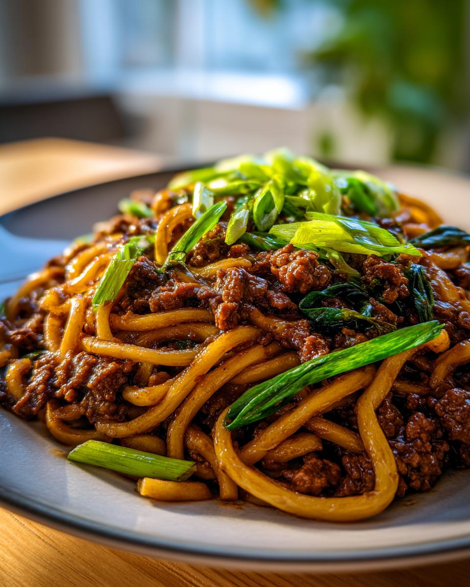 A close-up of delicious Mongolian Ground Beef Noodles, topped with fresh green onions.