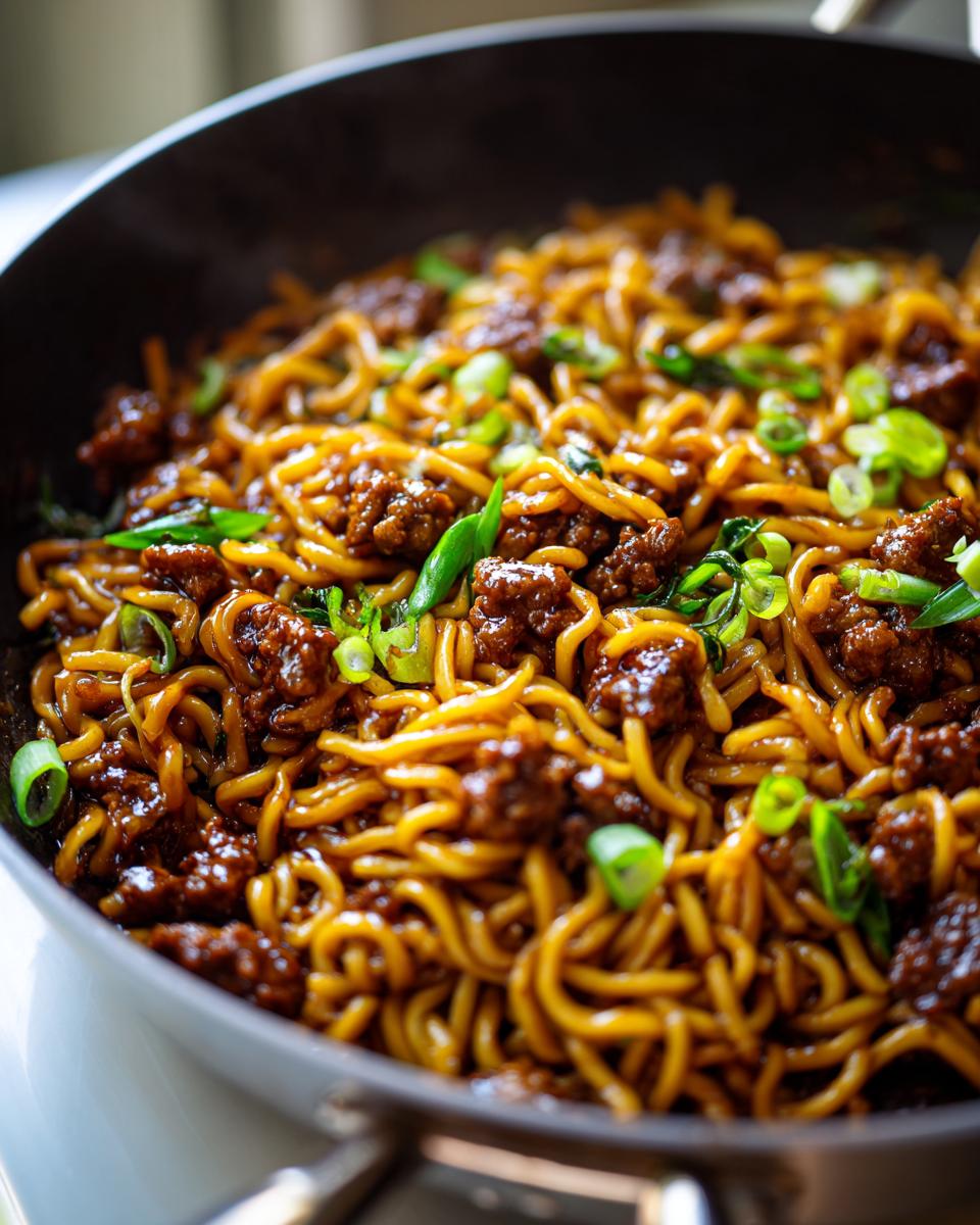 Close-up of a wok filled with savory Mongolian Ground Beef Noodles, garnished with fresh green onions.