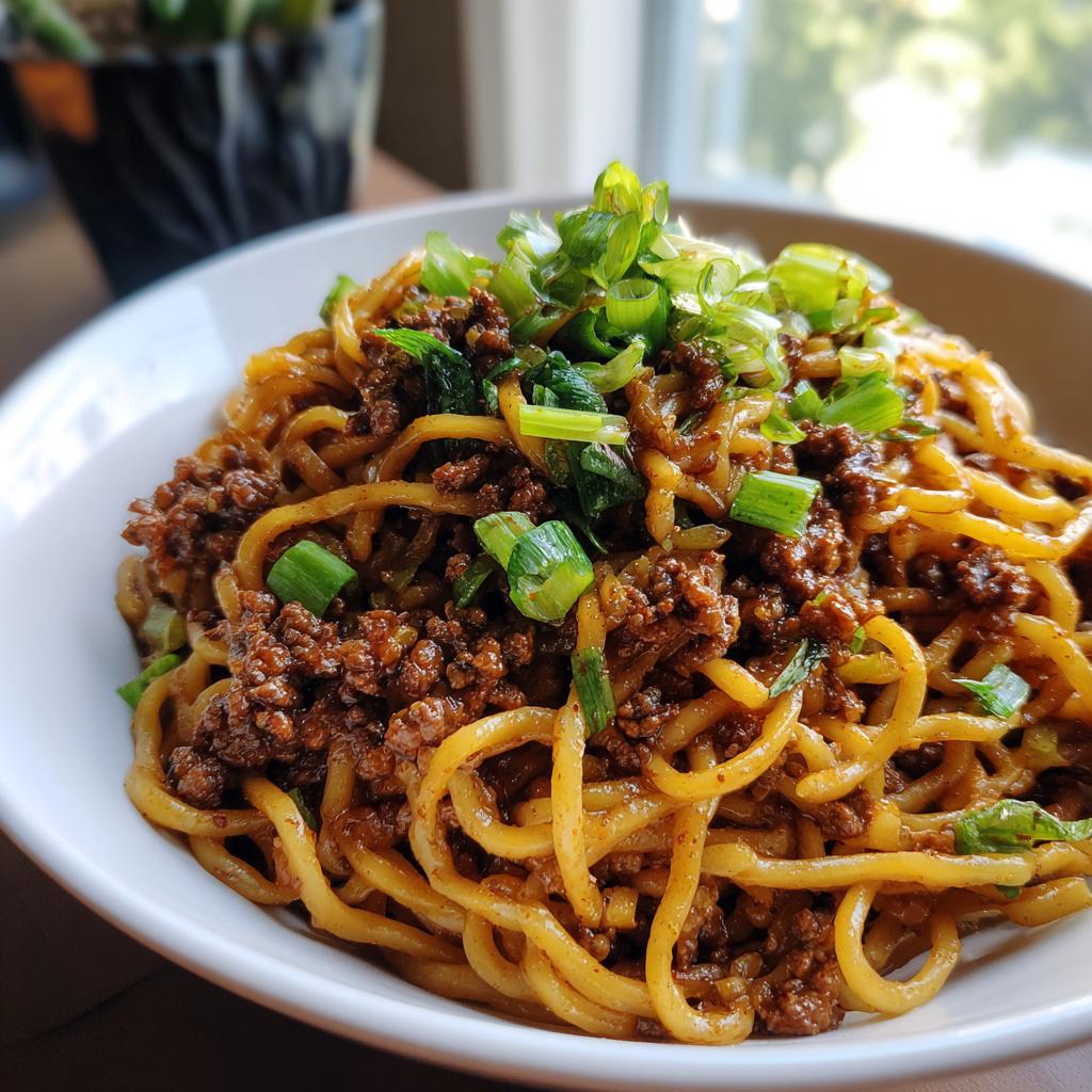 A close-up of a bowl of Mongolian Ground Beef Noodles, topped with fresh green onions.