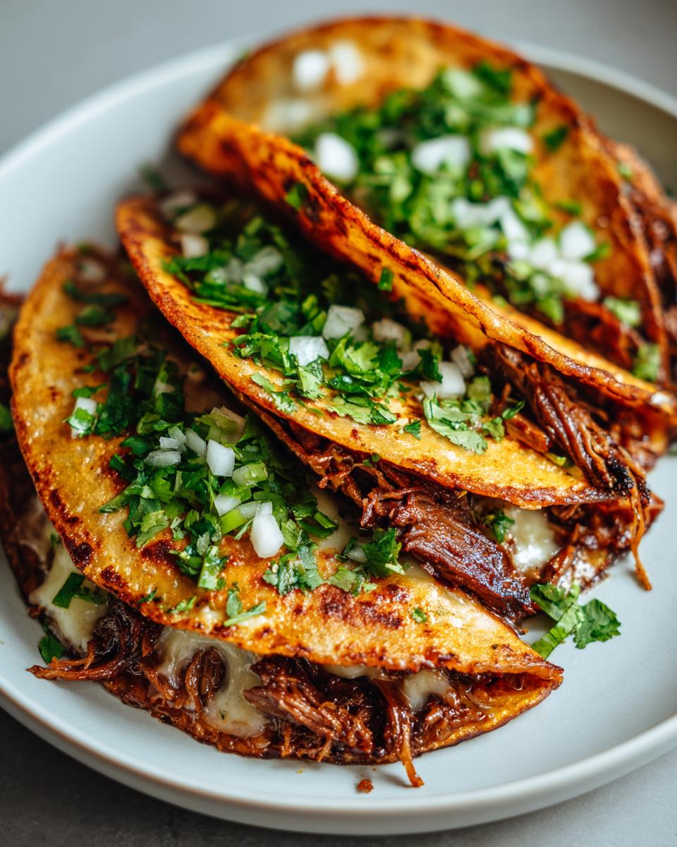 Close-up of three My Fave Birria Tacos filled with tender shredded beef, melted cheese, and topped with diced onions and cilantro.