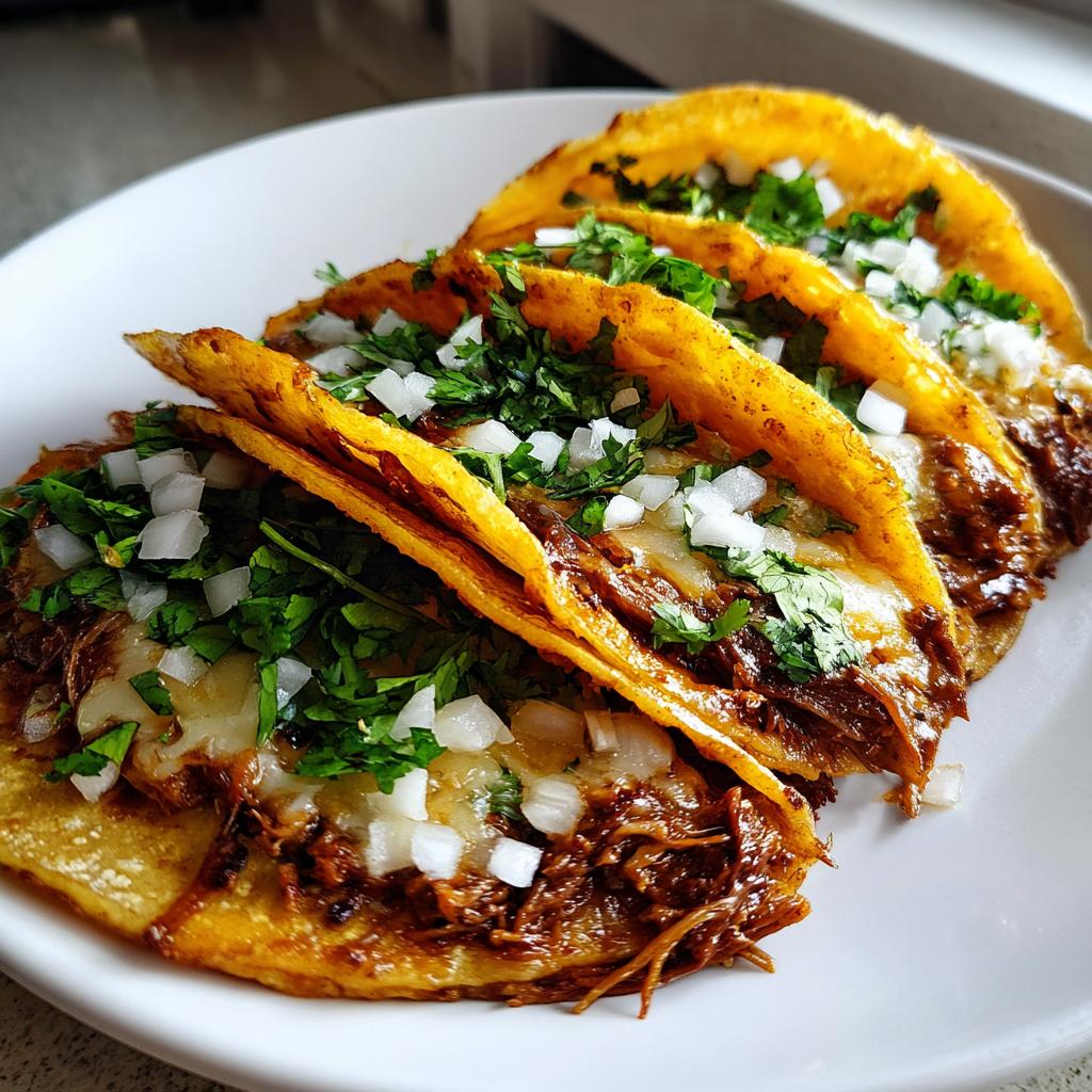 Close-up of three delicious My Fave Birria Tacos, filled with shredded meat, melted cheese, and topped with fresh cilantro and diced onions.