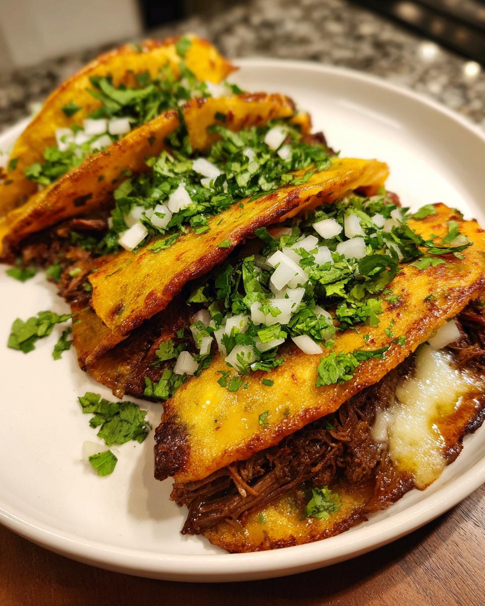 A plate of My Fave Birria Tacos, generously filled with shredded beef and topped with chopped cilantro and white onion.