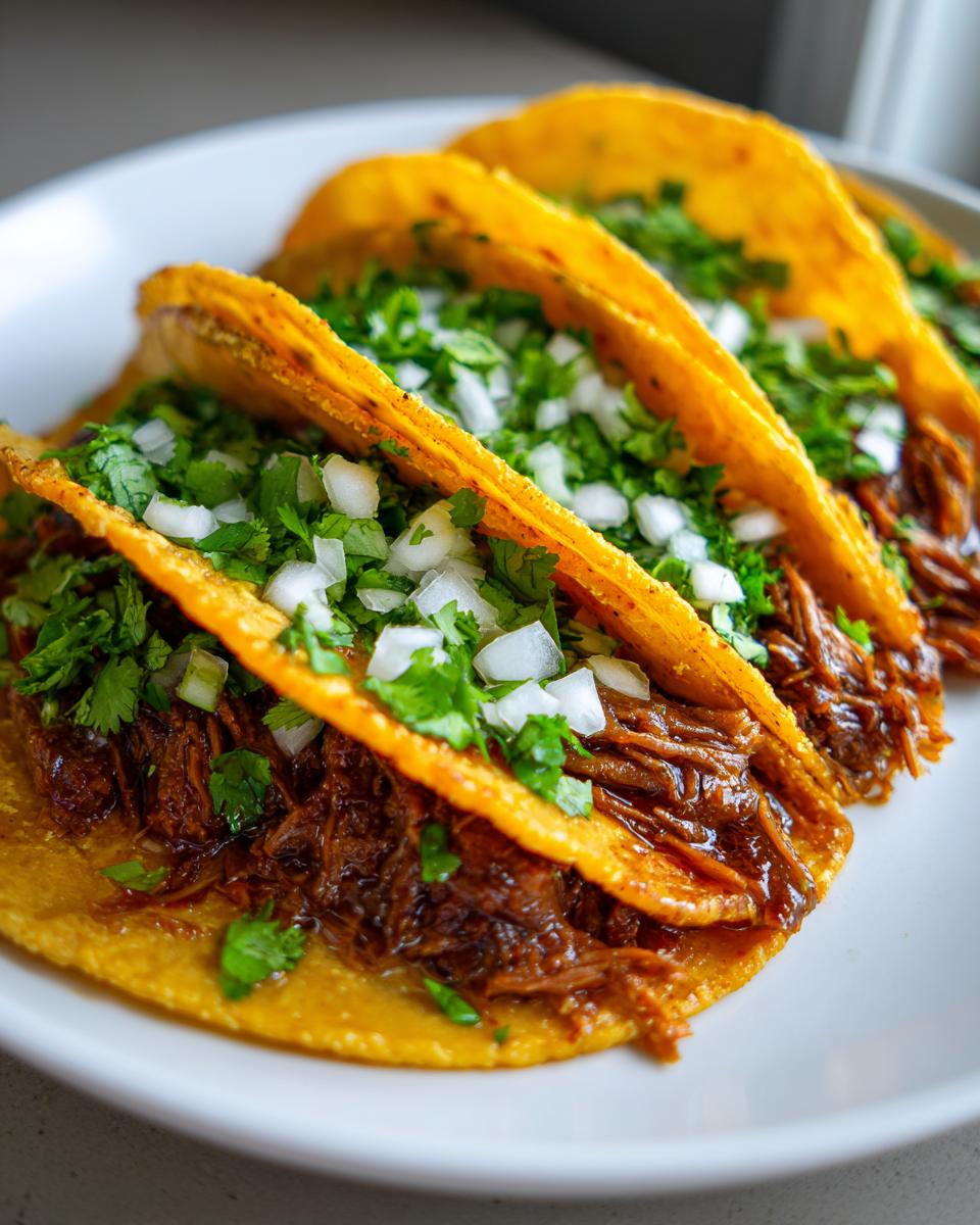 Close-up of three My Fave Birria Tacos filled with shredded beef, topped with fresh cilantro and diced onions.