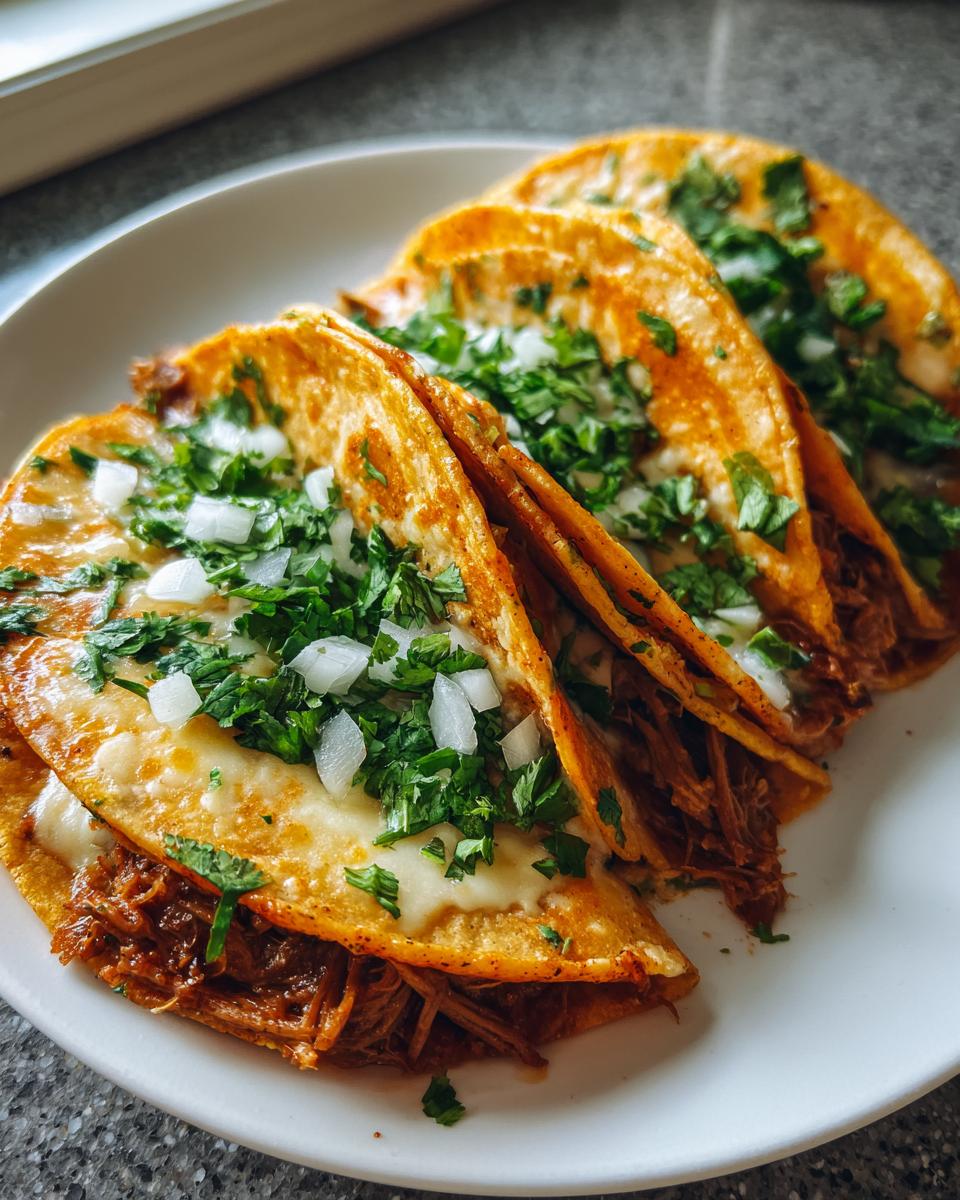 A plate of delicious My Fave Birria Tacos, generously filled with shredded meat, melted cheese, and topped with fresh cilantro and diced onions.
