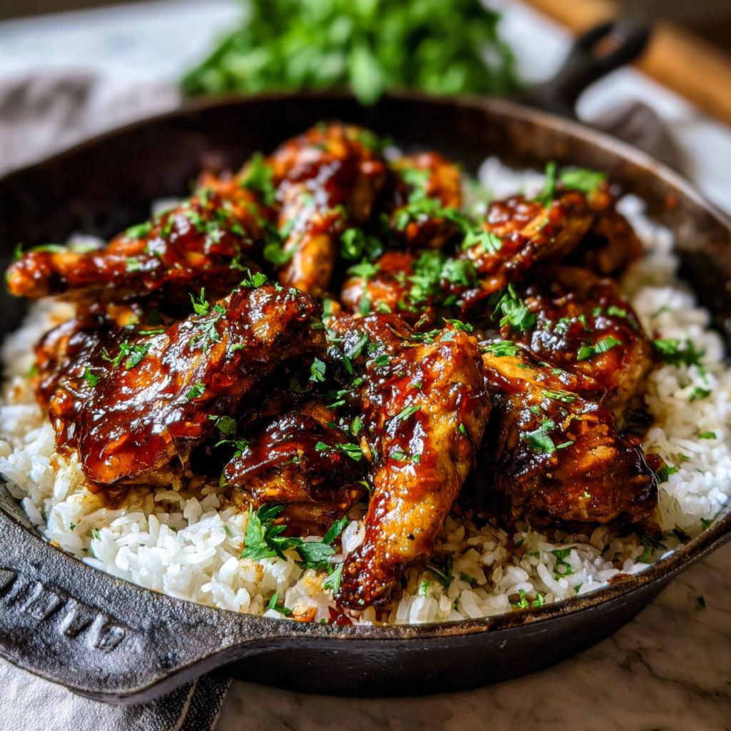 A close-up of a cast-iron skillet filled with fluffy white rice topped with glistening Honey BBQ Chicken.