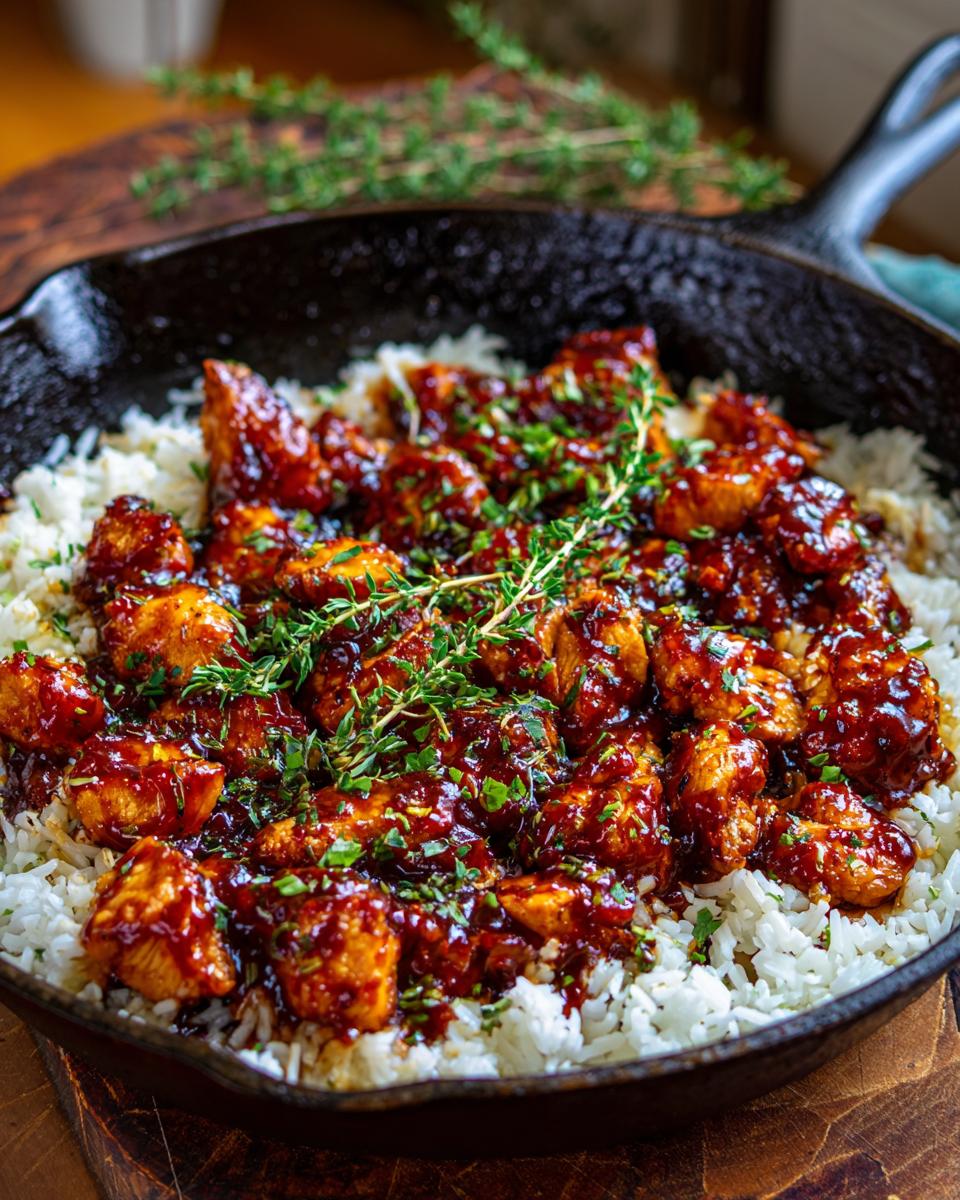Close-up of One-Pan Honey BBQ Chicken Rice served in a cast-iron skillet, garnished with fresh thyme.