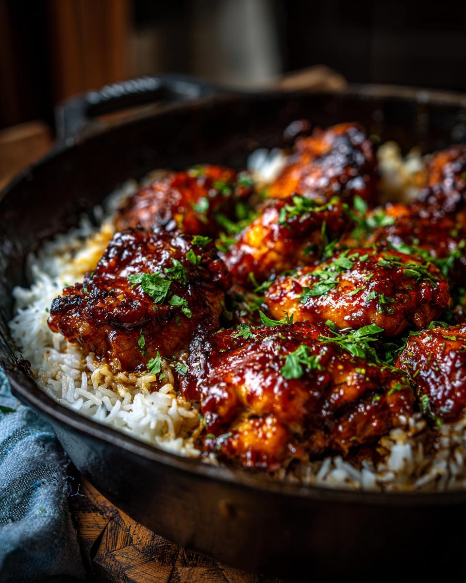 Close-up of juicy One-Pan Honey BBQ Chicken Rice cooked in a cast-iron skillet and garnished with parsley.