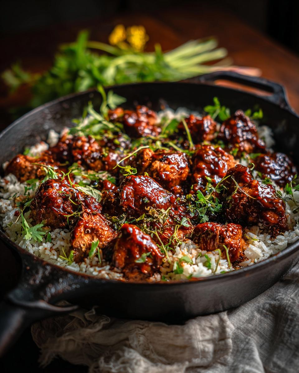 A close-up of delicious One-Pan Honey BBQ Chicken Rice served in a cast iron skillet, garnished with fresh herbs.