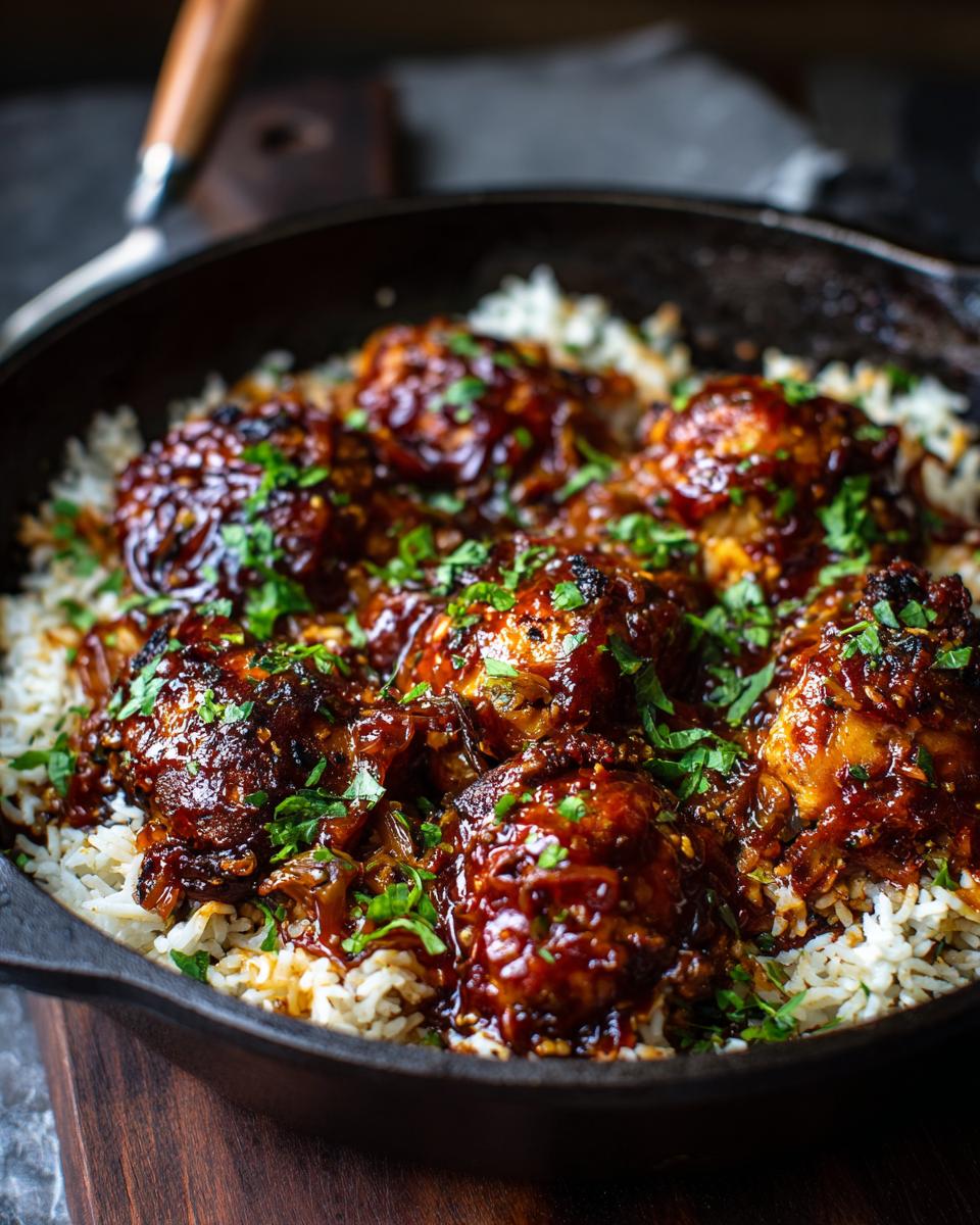 A close-up of a cast-iron skillet filled with fluffy white rice topped with glistening, saucy chicken pieces for One-Pan Honey BBQ Chicken Rice.