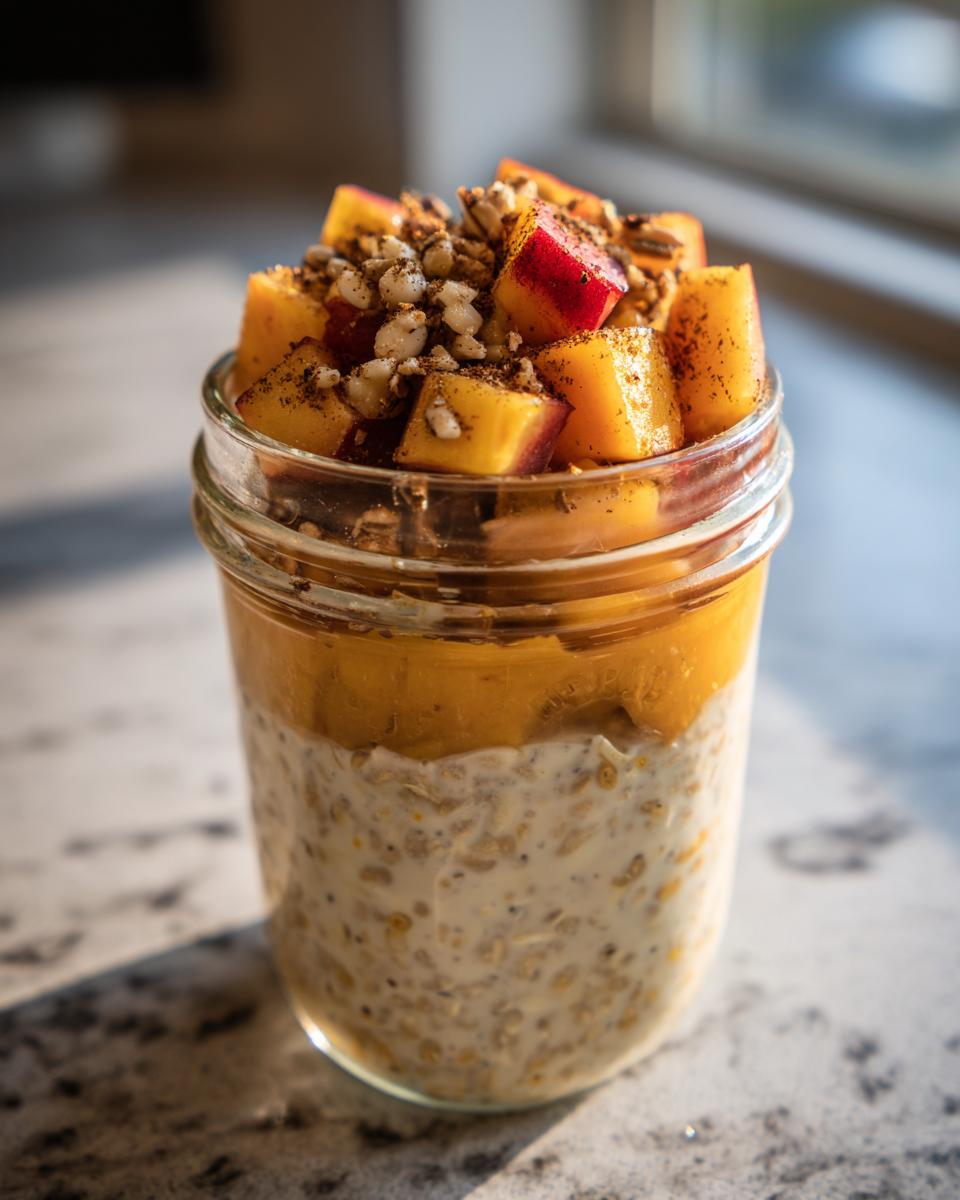 Overnight oats in a jar topped with diced peaches, crumble, and cinnamon, showcasing peach recipes.