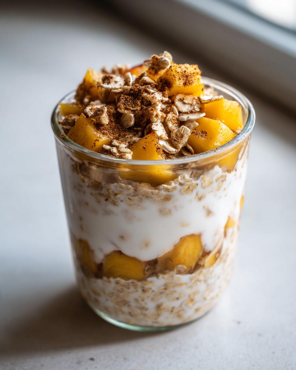 A glass jar filled with overnight oats, layered with diced peaches, creamy yogurt, and sprinkled with cinnamon.