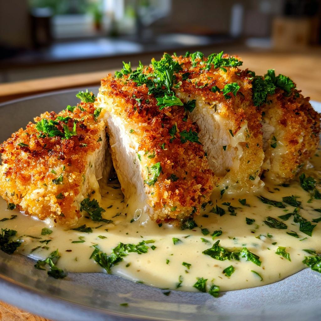 Close-up of juicy Parmesan Crusted Chicken sliced and served with a rich Creamy Garlic Sauce and fresh parsley.