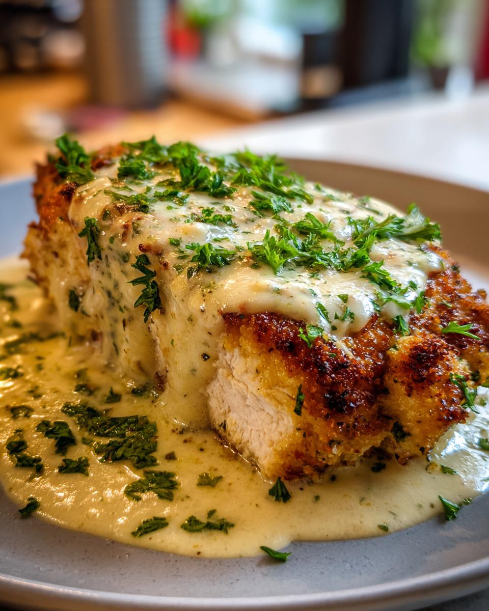 A close-up of Parmesan Crusted Chicken with Creamy Garlic Sauce, garnished with fresh parsley.