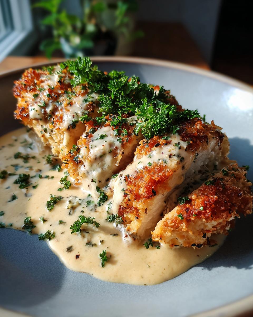 Close-up of sliced Parmesan Crusted Chicken topped with creamy garlic sauce and fresh parsley.
