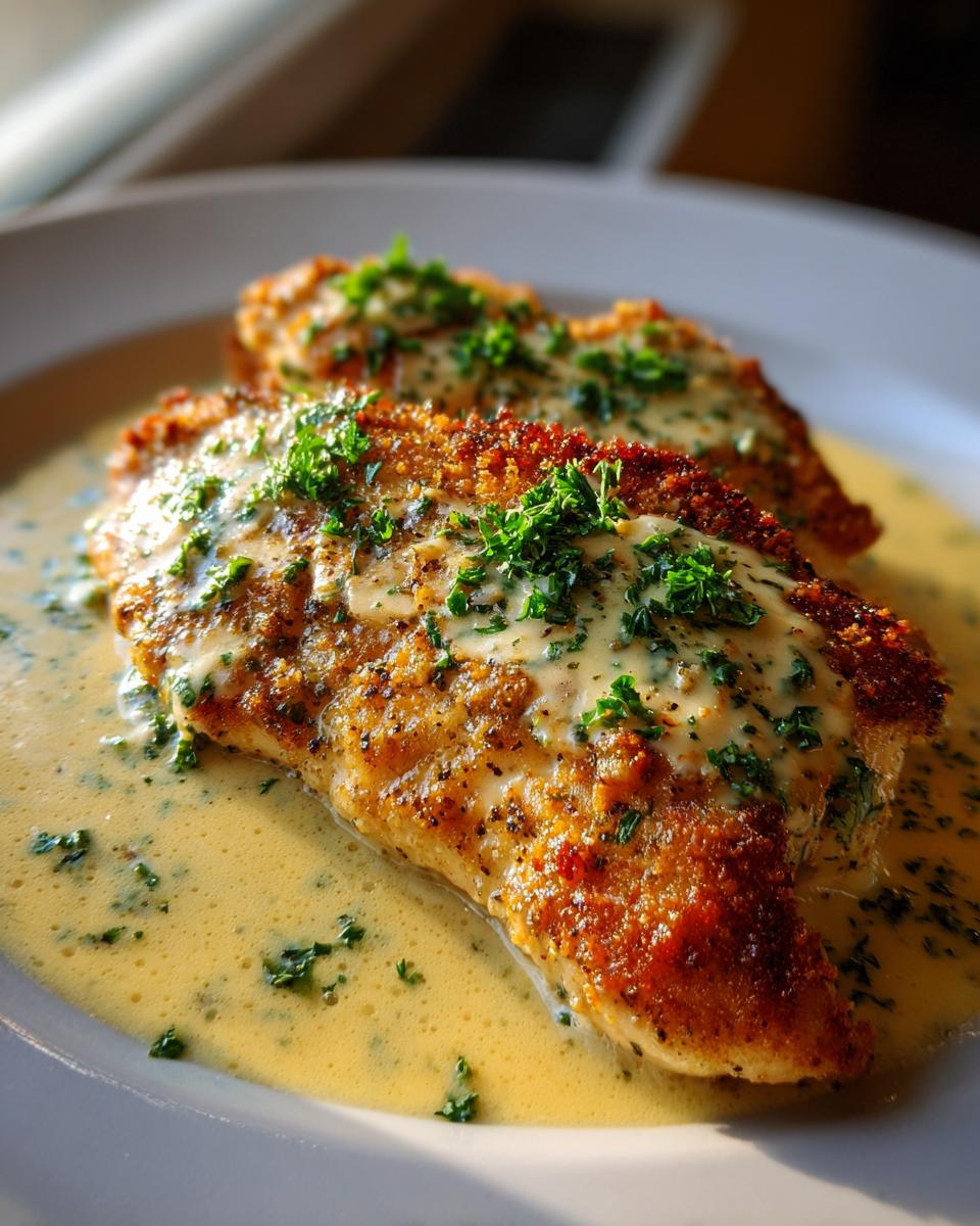 Two pieces of golden Parmesan Crusted Chicken served in a rich, creamy garlic sauce and garnished with fresh parsley.