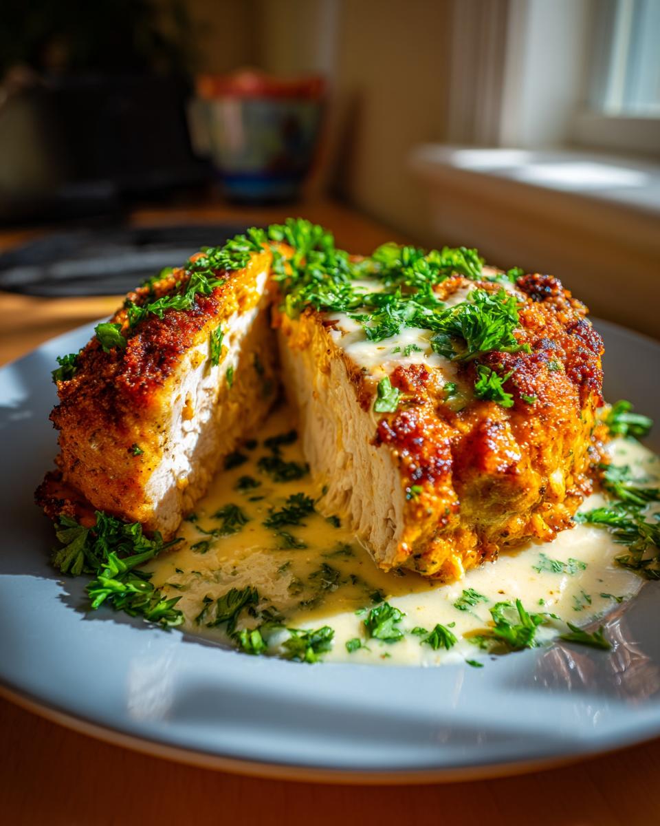 A slice of juicy Parmesan Crusted Chicken, topped with creamy garlic sauce and fresh parsley.