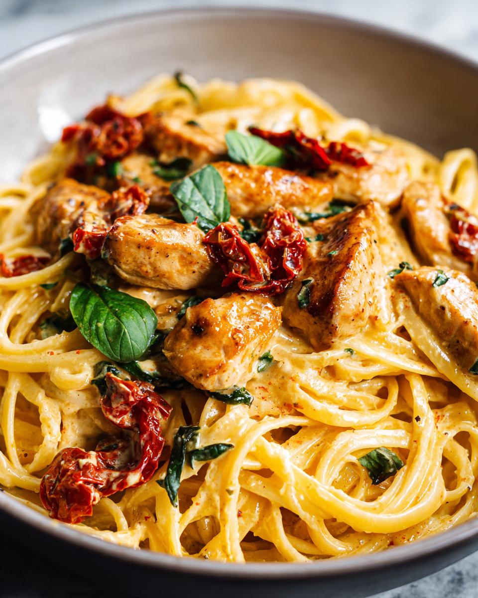 A close-up of creamy Parmesan Marry Me Chicken Pasta, topped with tender chicken pieces, sun-dried tomatoes, and fresh basil.