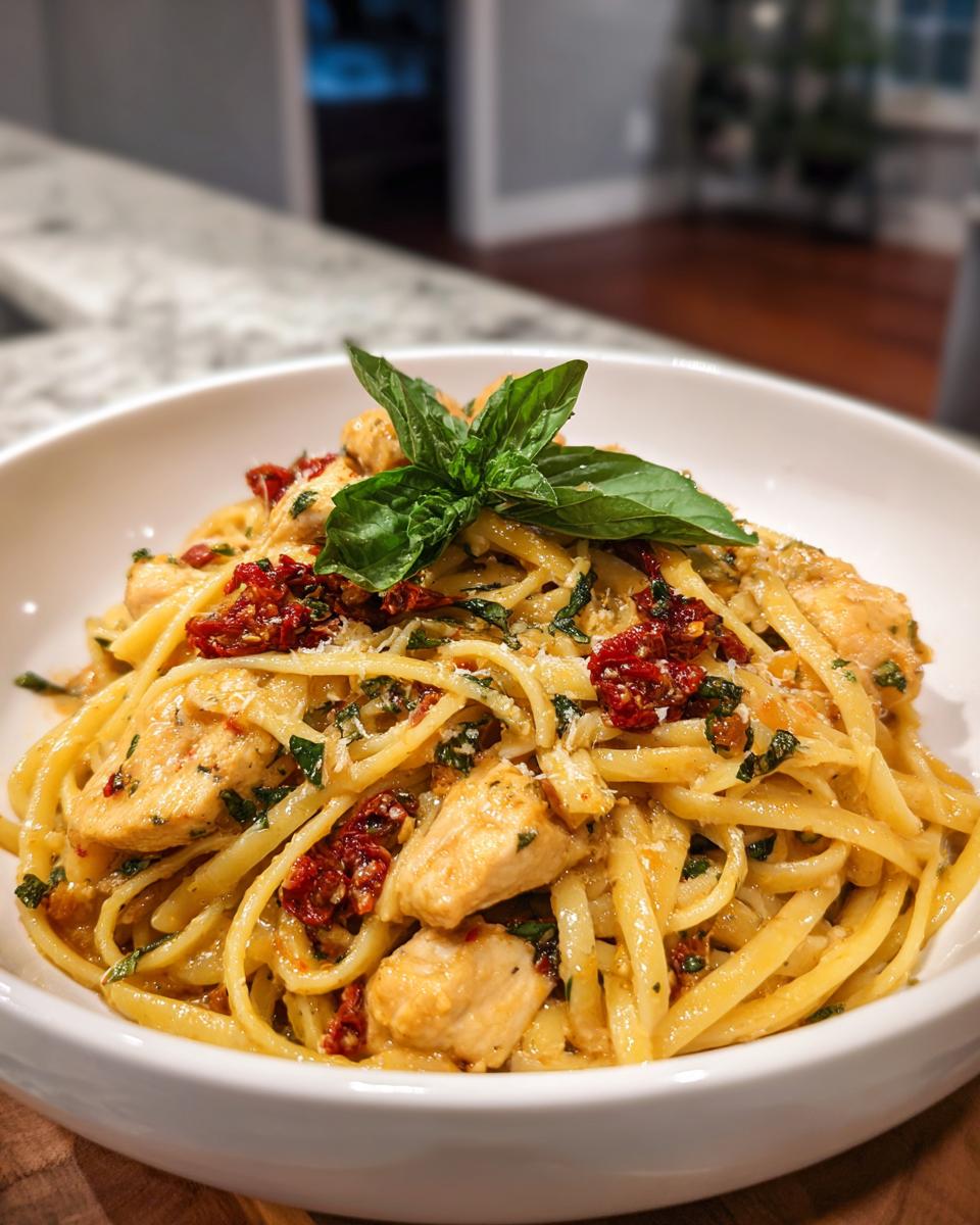 A bowl of Parmesan Marry Me Chicken Pasta with tender chicken pieces, linguine, sun-dried tomatoes, and fresh basil.